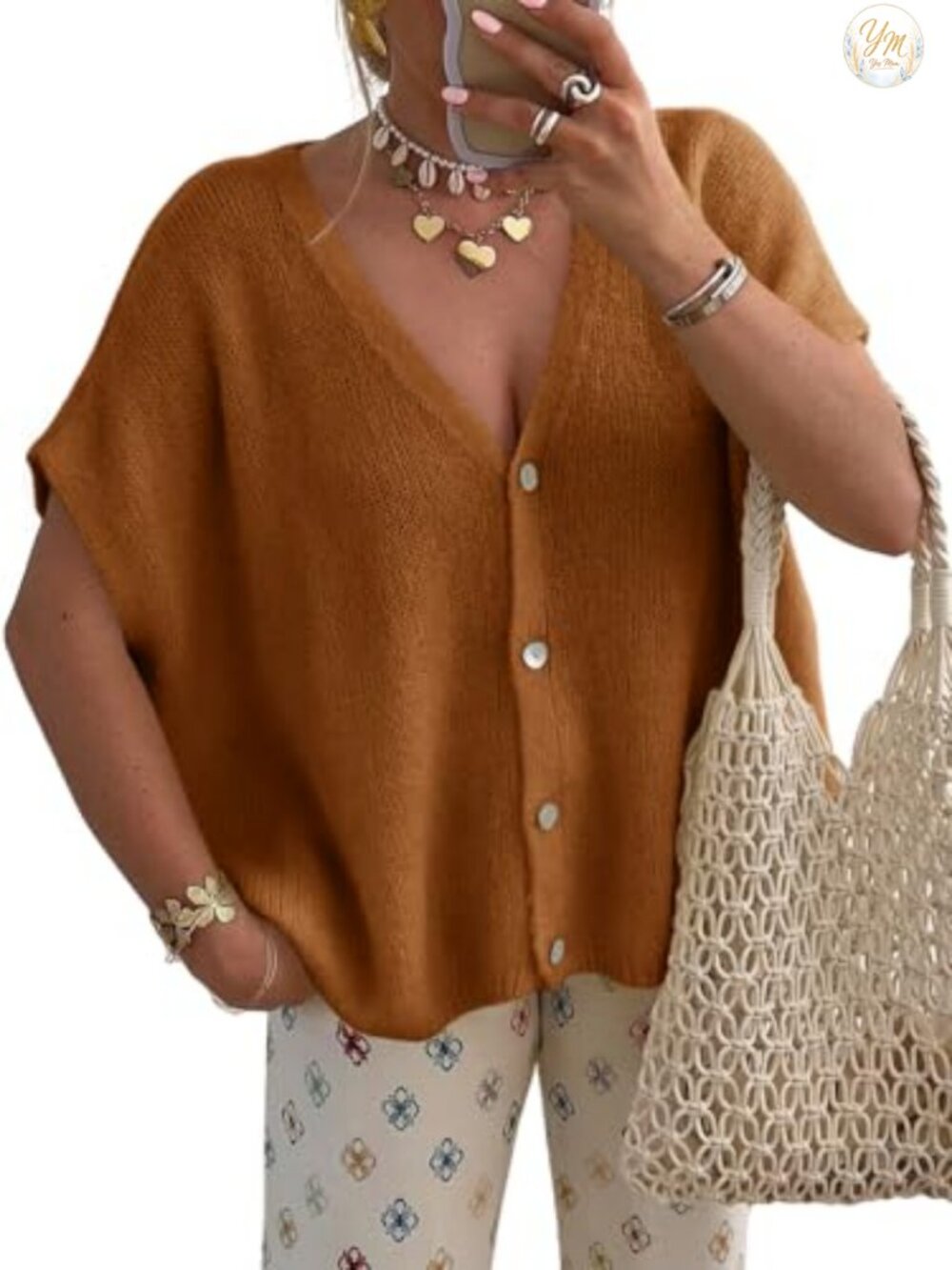 Saodimallsu Womens Oversized Button Down V-Neck Cardigan Short Sleeve Knit